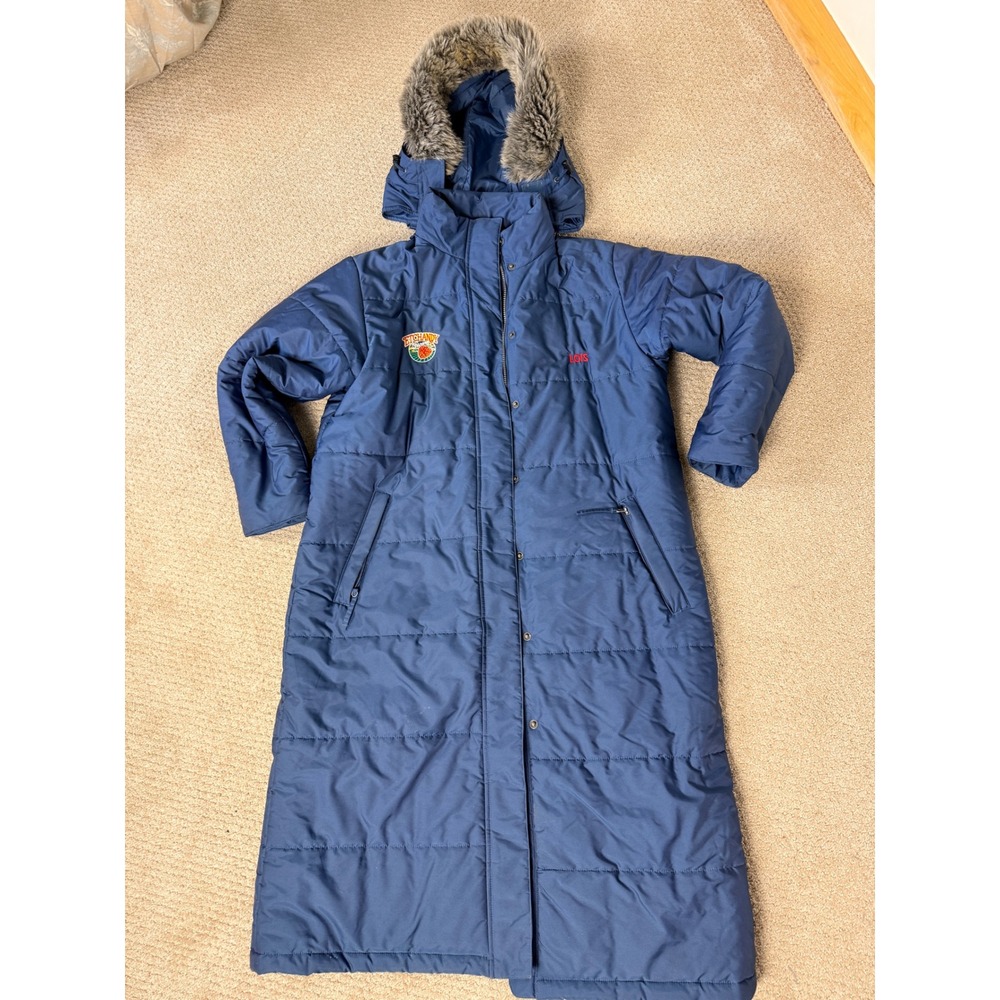 LL Bean Womens Large Petite Winter Parka Blue Faux Fur Hood Long Puffer Coat